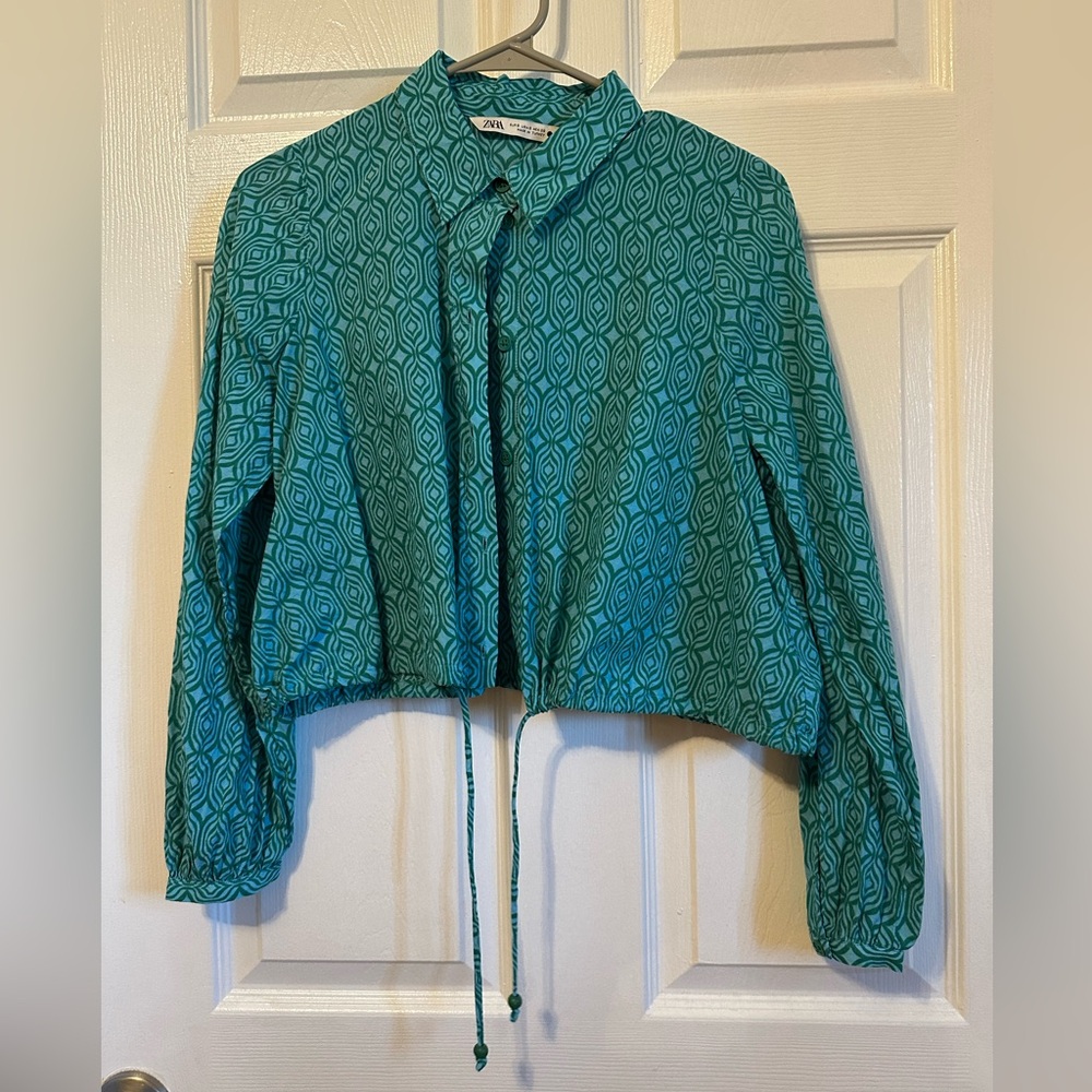 Zara Teal Geometric Women's Top size XS long sleeve